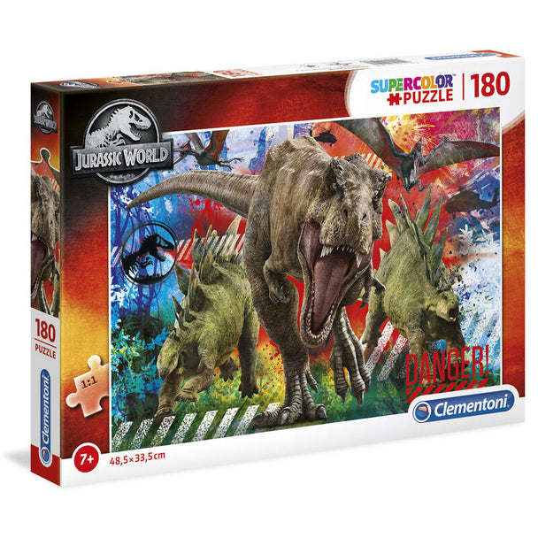 Puzzle Jurassic World assemblé de 180 pièces, illustrant une scène vivante avec des dinosaures détaillés et des couleurs vives