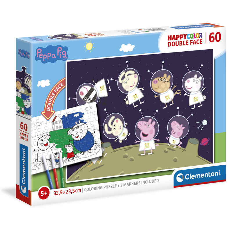 Puzzle assemblé Peppa Pig Happy Color montrant les 60 pièces et les personnages animés