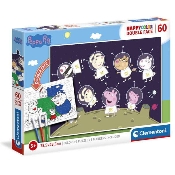 Puzzle assemblé Peppa Pig Happy Color montrant les 60 pièces et les personnages animés