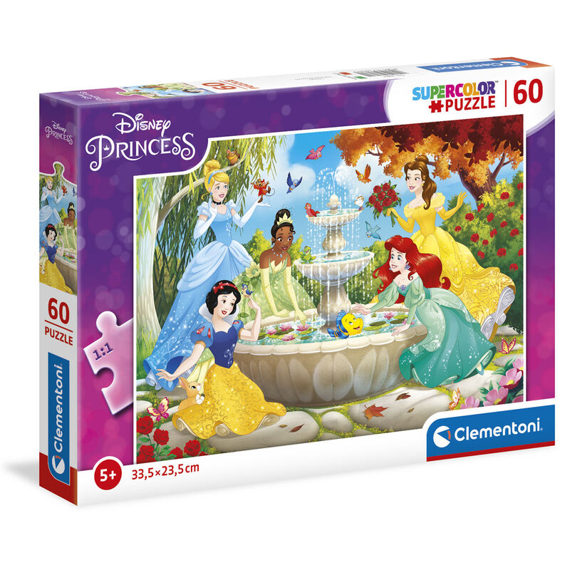 Boîte du puzzle Disney Princess 60 pièces de CLEMENTONI avec dimensions 28,2x20,2x2,8 cm, idéale pour le rangement