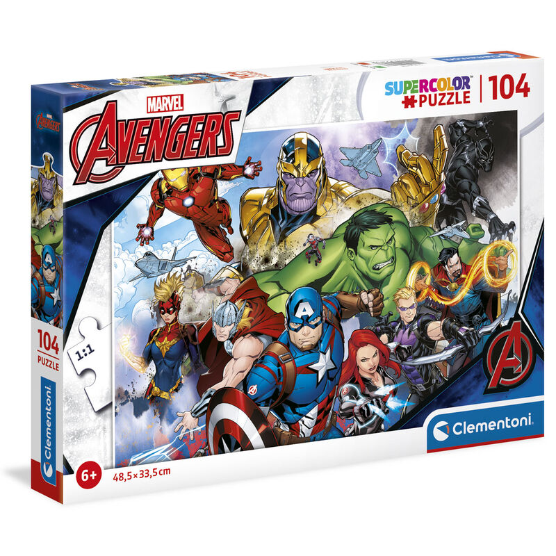 Puzzle assemblé Marvel Avengers montrant les personnages emblématiques sur fond dynamique
