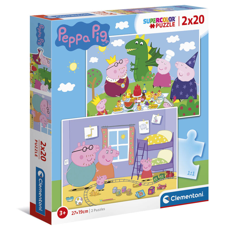 Boîte du puzzle Peppa Pig 2x20 pièces CLEMENTONI montrant le packaging et les illustrations