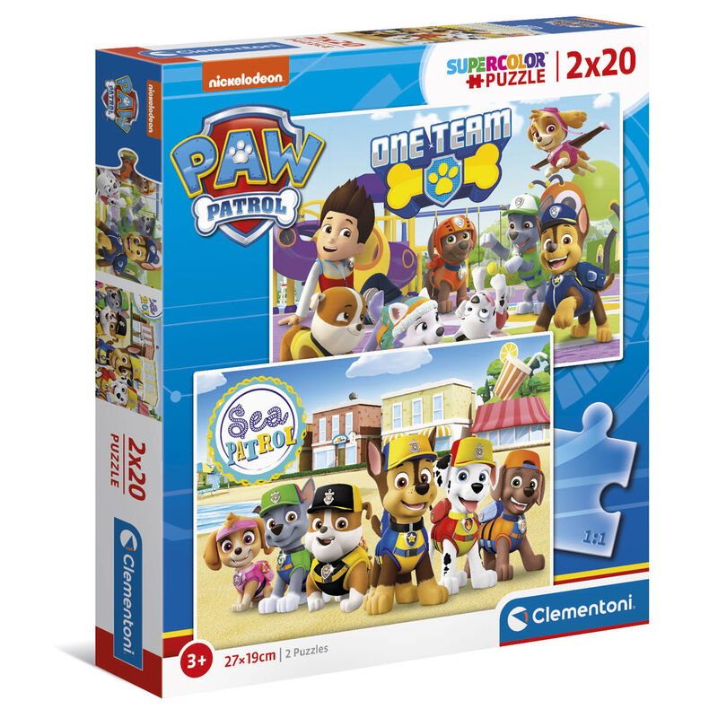 Boîte du puzzle Clementoni Paw Patrol affichant les dimensions et les images des puzzles