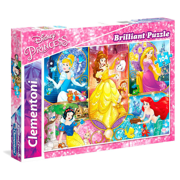 Puzzle assemblé Disney Princess Brilliant 104 pièces montrant les personnages emblématiques dans un décor féérique