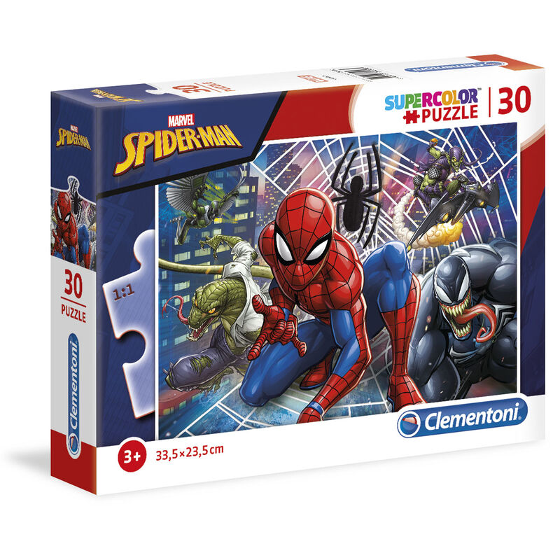 Puzzle assemblé Marvel Spiderman 30 pièces montrant une image colorée de Spiderman en pleine aventure
