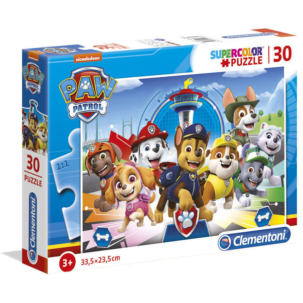 Puzzle assemblé Paw Patrol 30 pièces mesurant 33,5 x 23,5 cm avec personnages de la série animée pour enfants.