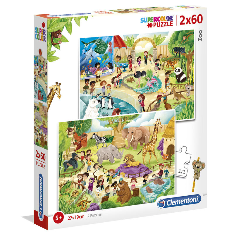 Boîte du puzzle Zoo 2x60 pièces CLEMENTONI avec dimensions compactes pour un rangement facile