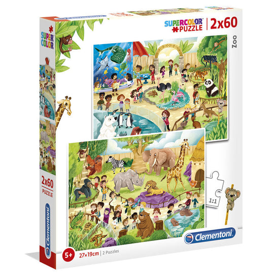 Boîte du puzzle Zoo 2x60 pièces CLEMENTONI avec dimensions compactes pour un rangement facile