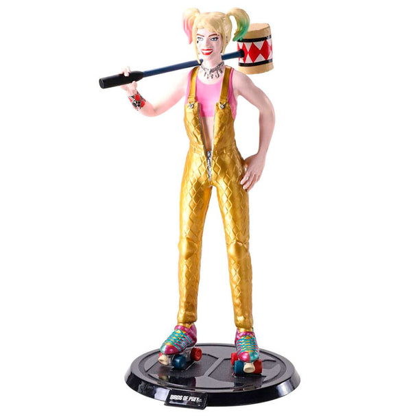 Vue rapprochée de la figurine flexible Harley Quinn signée NOBLE COLLECTION avec détails colorés