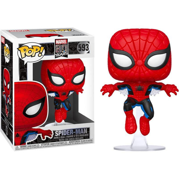 Zoom sur la figurine Funko POP Spiderman Marvel 80th montrant les détails précis et la boîte collector