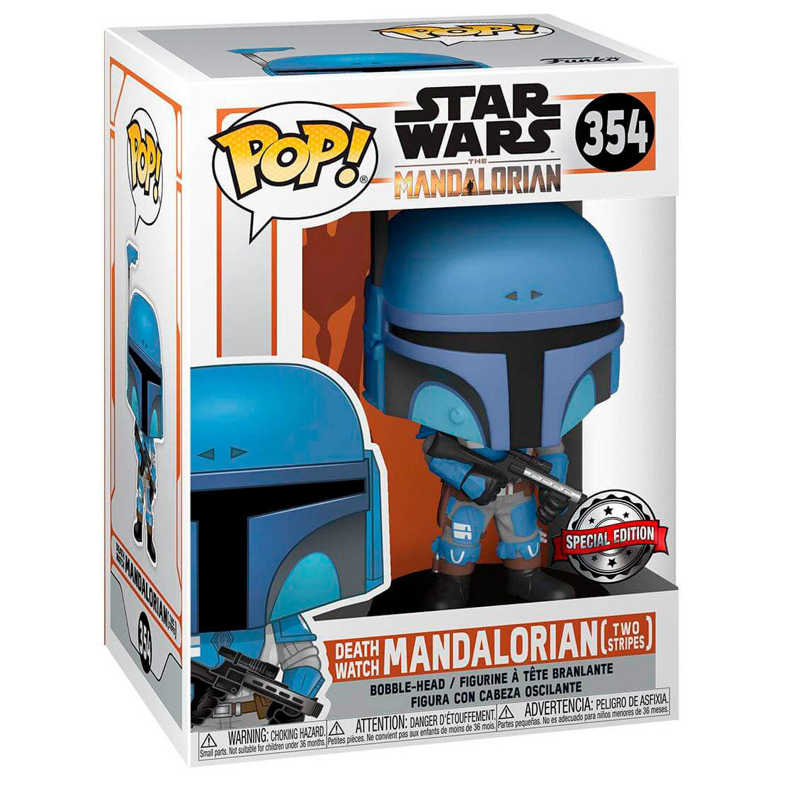 Emballage exclusif de la figurine Funko POP Star Wars Mandalorian Death Watch Two Stripes avec logo Funko