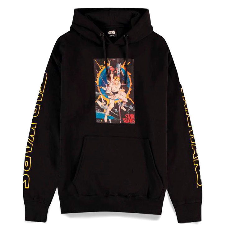 Détail du motif vintage Star Wars sur le sweat à capuche DIFUZED, textile doux en 60% coton et 40% polyester