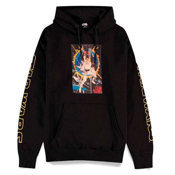 Détail du motif vintage Star Wars sur le sweat à capuche DIFUZED, textile doux en 60% coton et 40% polyester