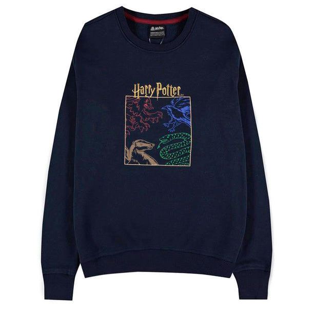 Détail des blasons colorés des maisons Gryffondor, Serpentard, Poufsouffle et Serdaigle imprimés sur le sweat Harry Potter DIFUZED