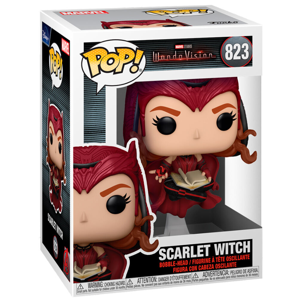 Vue rapprochée de la figurine Funko POP Scarlet Witch avec détails précis et couleurs vives Marvel