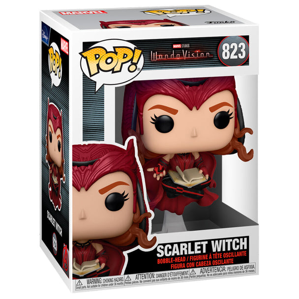 Vue rapprochée de la figurine Funko POP Scarlet Witch avec détails précis et couleurs vives Marvel