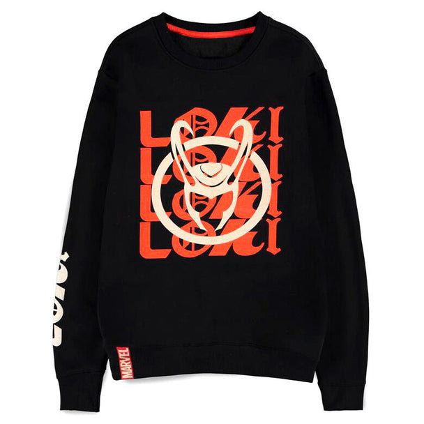 Détail du sweat Marvel Loki DIFUZED montrant la texture du tissu et le logo imprimé
