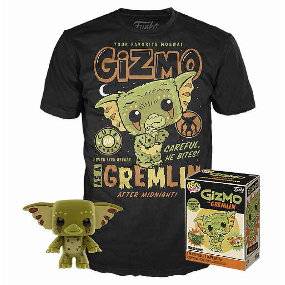 Set exclusif FUNKO POP Gremlins Gizmo avec T-shirt taille S, édition spéciale américaine, présenté sur fond blanc.