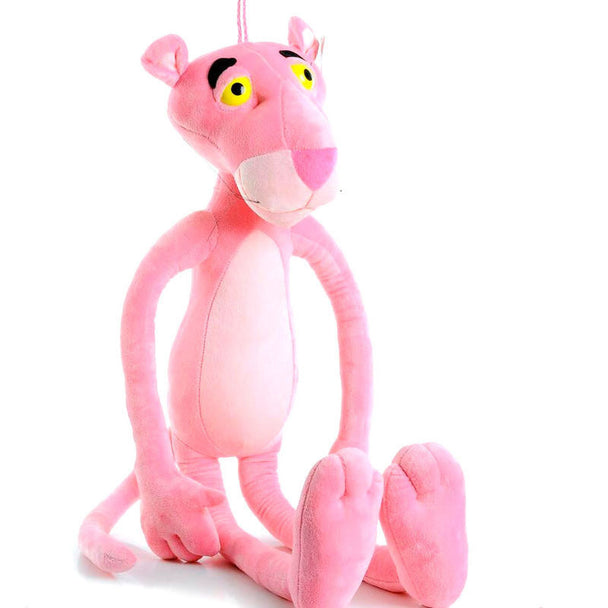 Peluche Pink Panther rose de 50 cm posée sur un canapé, vue de face avec détails de la texture douce