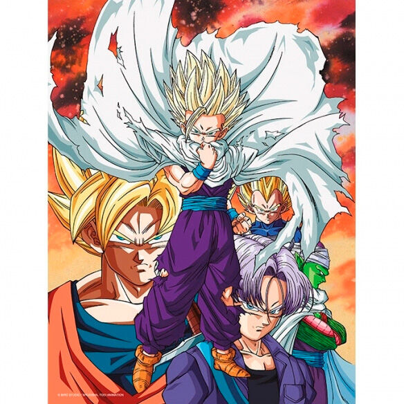 Poster en verre Dragon Ball Z Heroes vs Cell, format 30x40cm, illustrant le combat emblématique entre les héros et Cell, produit SD TOYS.