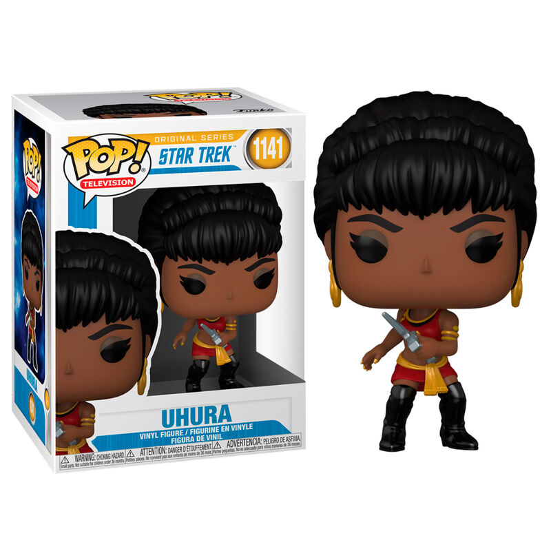 Vue de côté de la figurine Funko POP Uhura Star Trek Mirror Mirror dans sa boîte cadeau collector