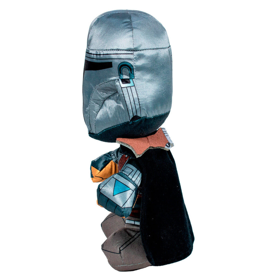 Vue latérale de la peluche Mandalorian Disney mettant en valeur les couleurs et accessoires