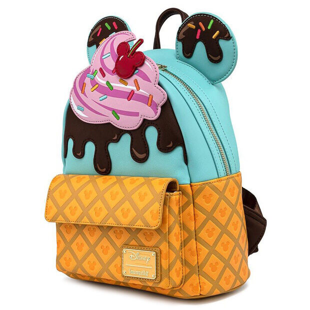 Profil du sac à dos Loungefly Disney montrant les dimensions compactes 22,5x25x10cm