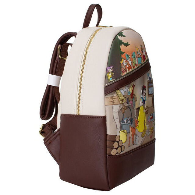 Zoom sur les dimensions du sac à dos Blanche-Neige Loungefly montrant une taille compacte et pratique