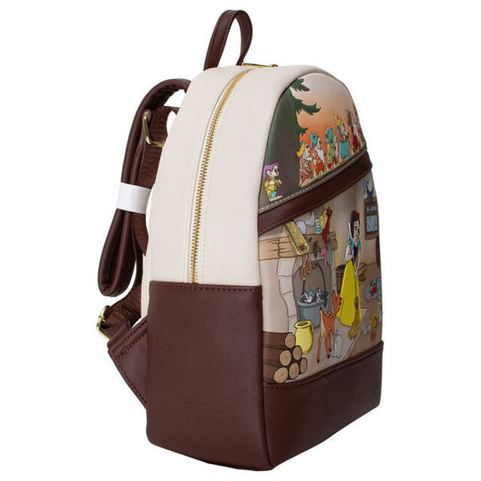 Zoom sur les dimensions du sac à dos Blanche-Neige Loungefly montrant une taille compacte et pratique