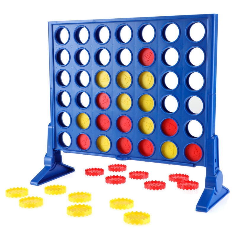 Grille de jeu Connect 4 Hasbro avec jetons rouges et jaunes alignés prête à jouer