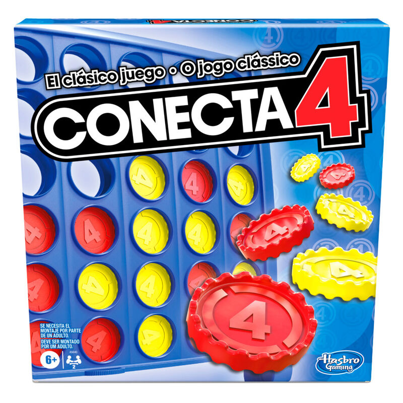 Boîte du jeu Connect 4 Hasbro avec instructions et accessoires visibles autour