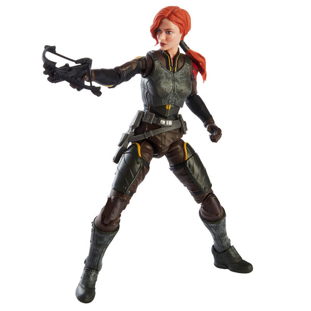 Vue latérale de la figurine articulée Snake Eyes avec détails de costume et armes