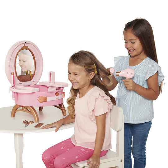 Vue d'ensemble du set coiffeuse de voyage Disney Princess avec miroir et accessoires