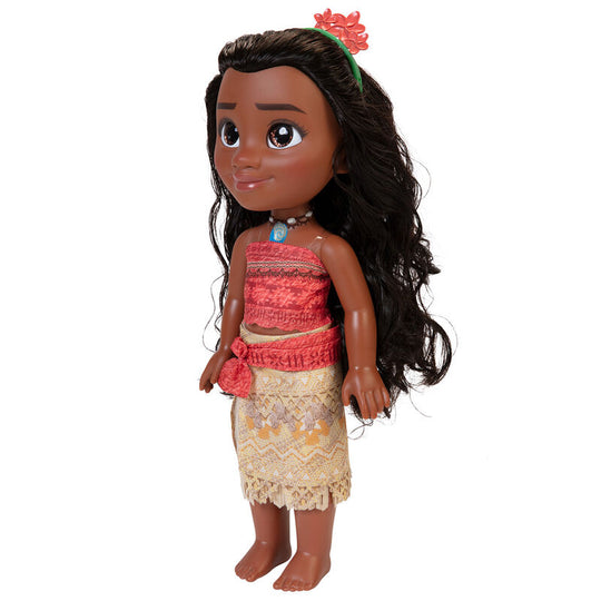 Vue latérale de la poupée Vaiana Moana mettant en valeur sa robe colorée