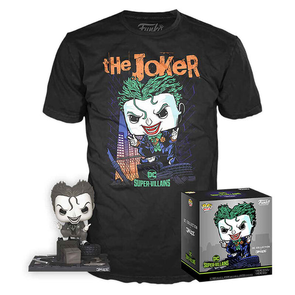 Set exclusif FUNKO POP figurine Joker et t-shirt édition spéciale DC Comics par Jim Lee, présenté sur fond blanc.