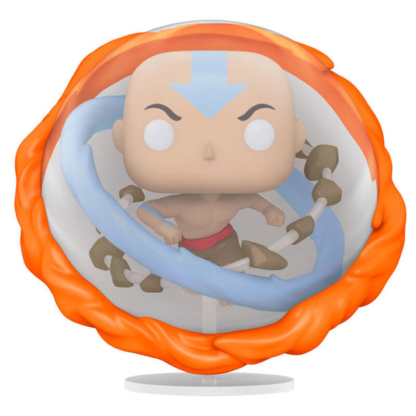 Figurine Funko POP d'Avatar Aang en vinyle de 15 cm avec tous les éléments, vue de face dans sa boîte vitrine.
