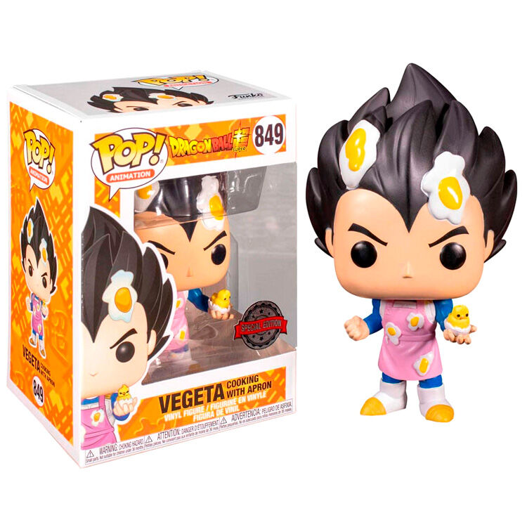 Figurine Funko POP exclusive de Vegeta en tablier de cuisine, issue de Dragon Ball Super, présentée dans une boîte fenêtre de 9 cm.