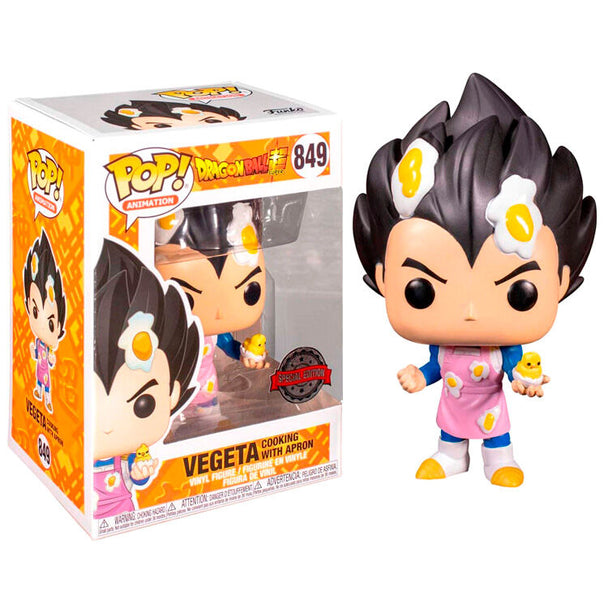 Figurine Funko POP exclusive de Vegeta en tablier de cuisine, issue de Dragon Ball Super, présentée dans une boîte fenêtre de 9 cm.