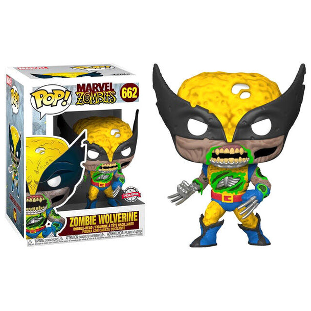 Figurine POP Wolverine Zombie exclusive de 25 cm par FUNKO, vue de face avec détails zombifiés et couleurs vives.