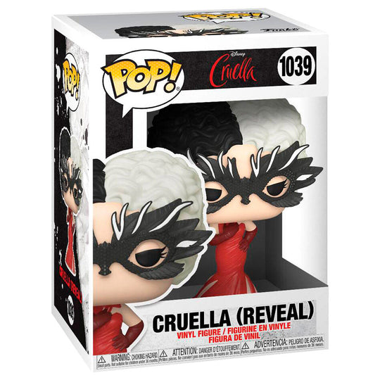 Vue rapprochée de la figurine Funko POP Cruella Reveal montrant les détails du visage et costume