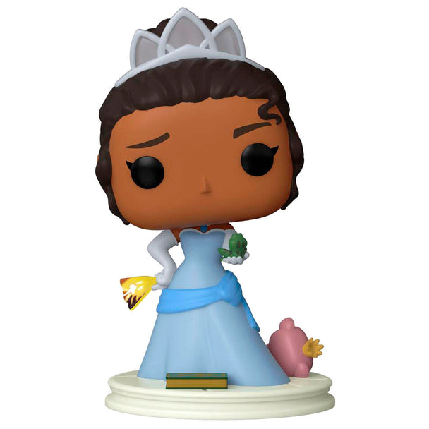 Zoom sur le visage détaillé de la figurine Funko POP Tiana avec sa tenue emblématique verte