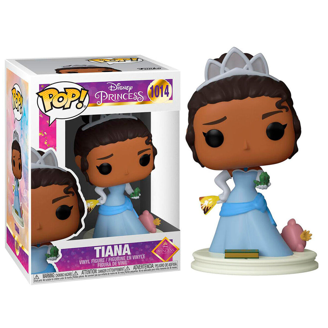 Figurine Funko POP de la princesse Tiana Disney Ultimate Princess, vue avant dans sa boîte vitrine de 9 cm