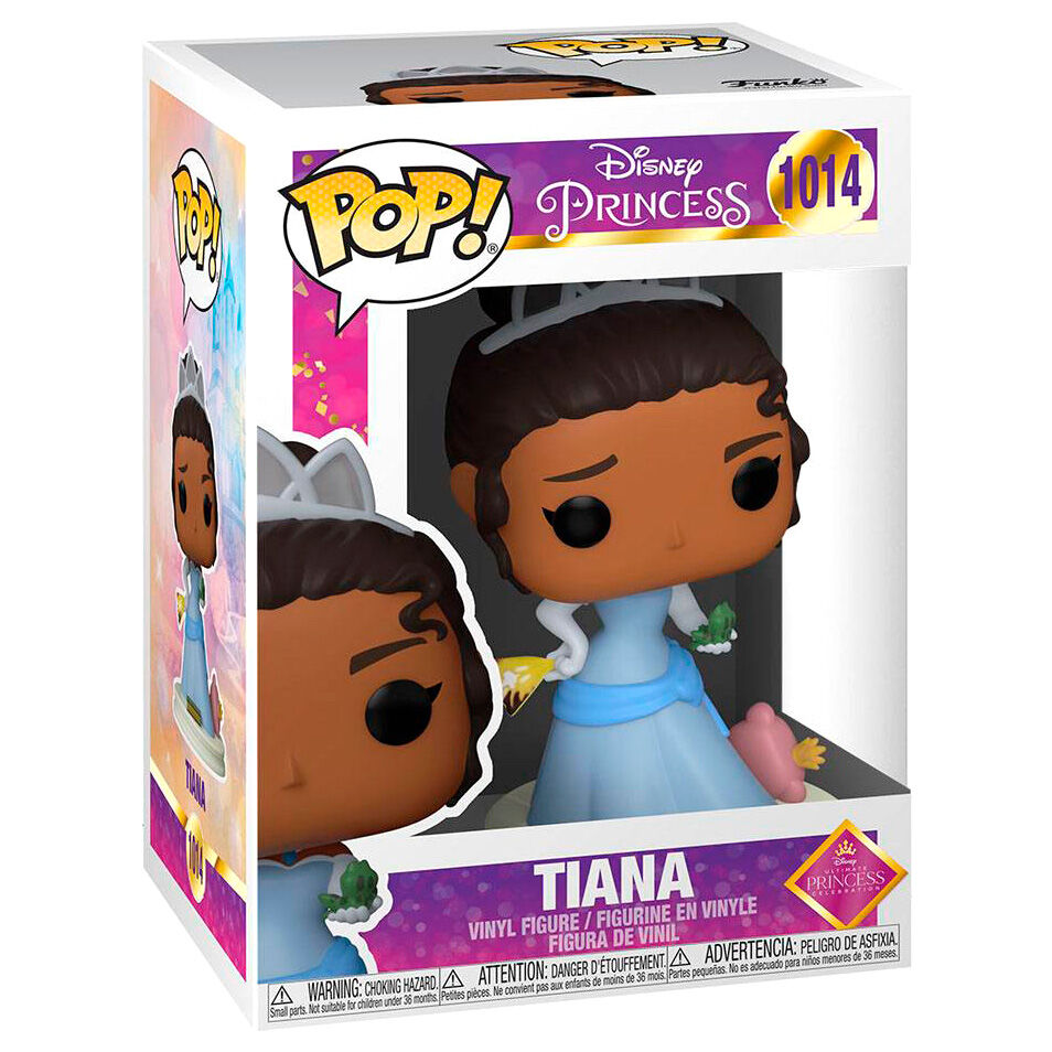 Vue latérale de la figurine Funko POP Disney Tiana montrant les détails de la robe et la boîte collector