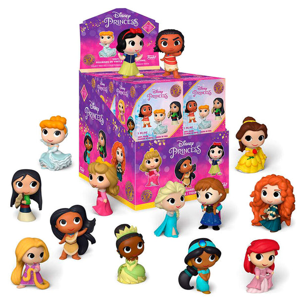 Figurines Funko Mystery Minis Disney Ultimate Princess exposées sur fond blanc, présentant plusieurs princesses Disney en version miniature colorée.