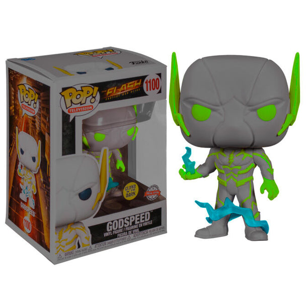 Vue rapprochée de la figurine The Flash Godspeed Funko POP montrant les détails du vinyle et la peinture brillante