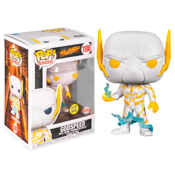 Figurine Funko POP The Flash Godspeed exclusive avec effet lumineux Glow in the Dark dans sa boîte vitrine