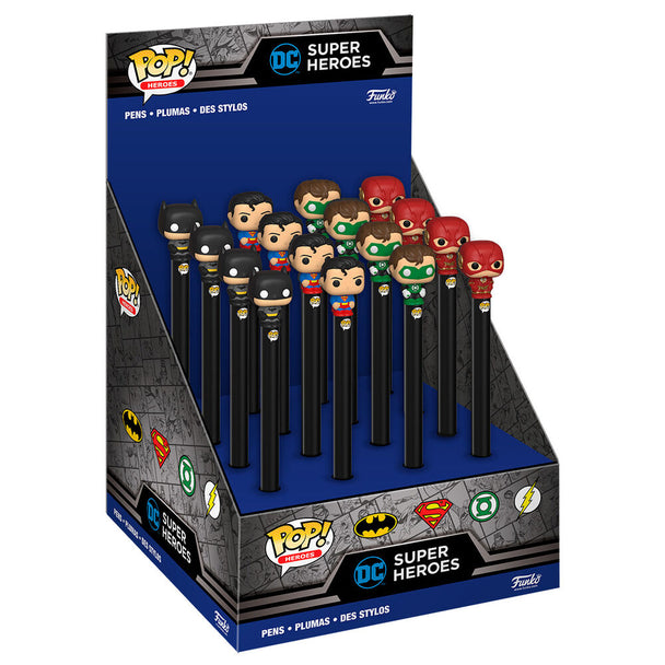 Pens Toppers DC Comics assortis Funko montrant plusieurs personnages emblématiques sur des stylos colorés