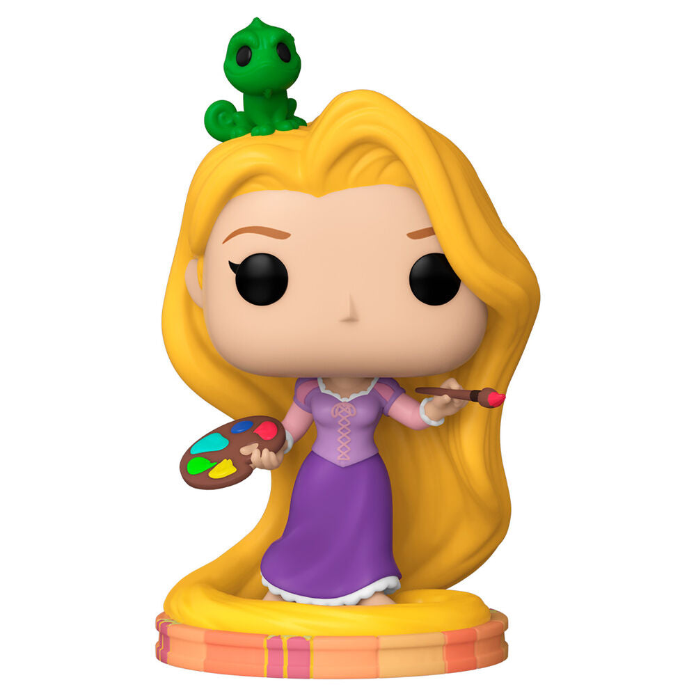 Détail de la figurine Rapunzel Funko POP montrant ses cheveux longs et sa robe violette