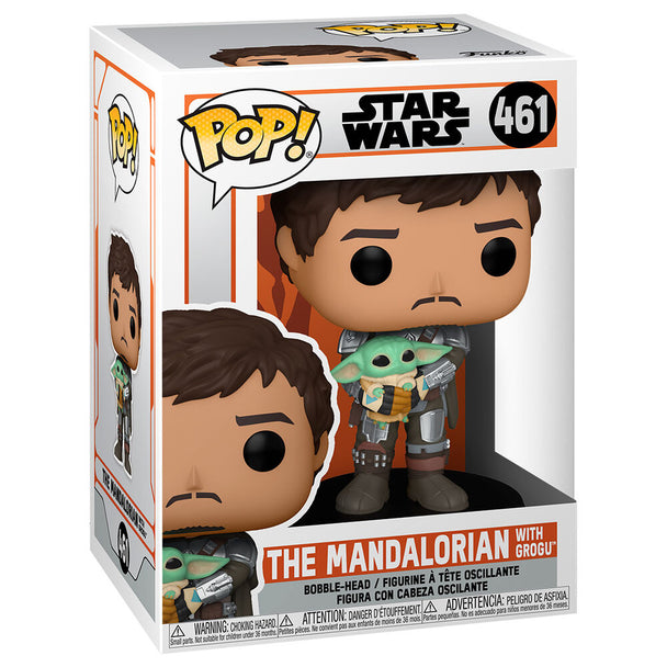Vue rapprochée de la figurine Funko POP Mandalorian Mando avec l'Enfant, détail des couleurs et textures