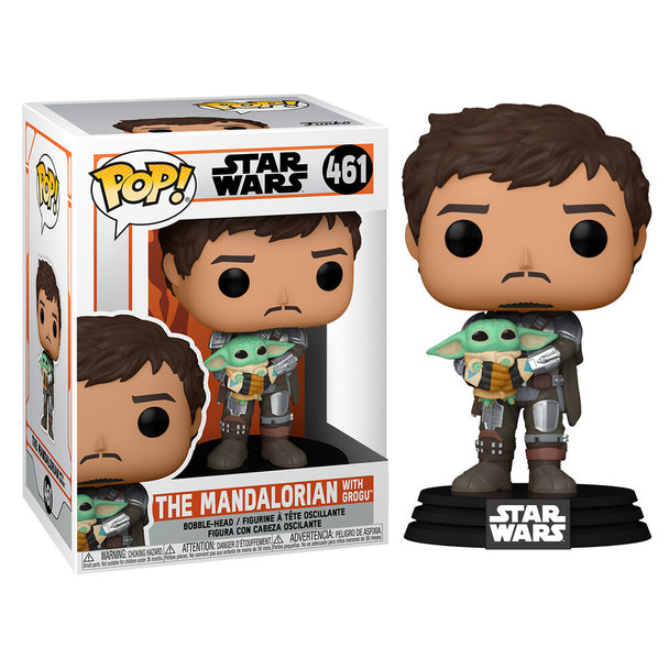 Figurine Funko POP Mandalorian Mando tenant l'Enfant en vinyle de 9 cm dans sa boîte vitrine